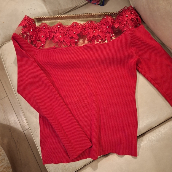 Boston Proper Women's lace/rhinestone embellished sweater size large true red - Picture 2 of 5